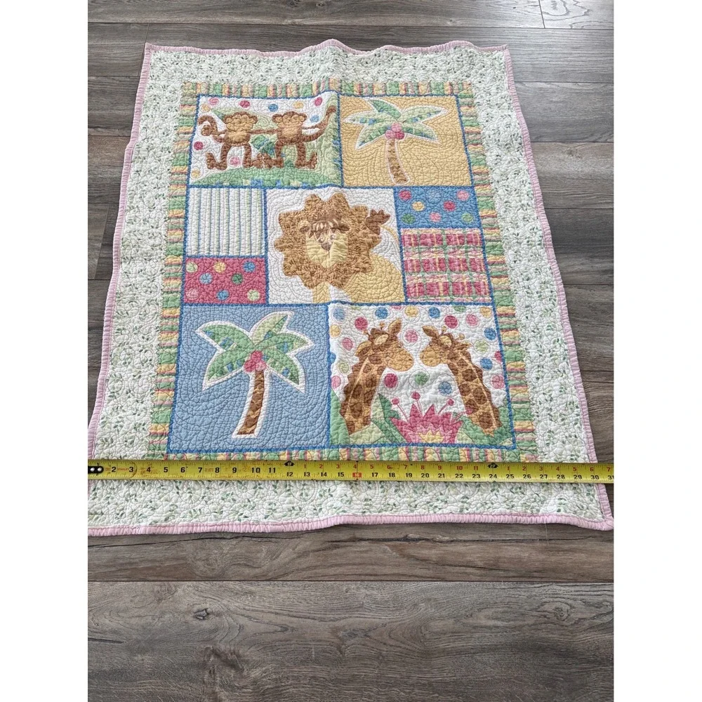 Vintage Jungle Safari Patchwork Quilted Baby Blanket‎ Lion Monkey Giraffe 41x31